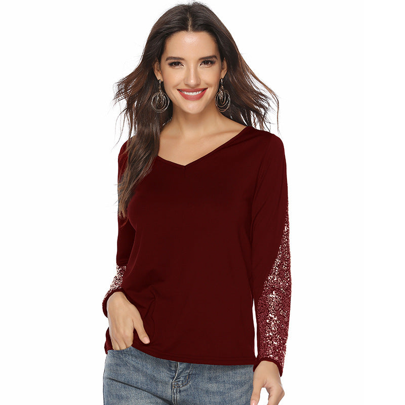 European And American Women's Clothing Sequined Long Sleeve V-neck
