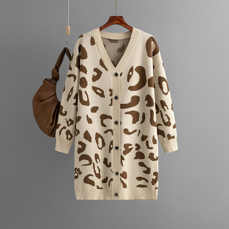 Women's Sweater Mid-length Leopard-print Sweater Cardigan