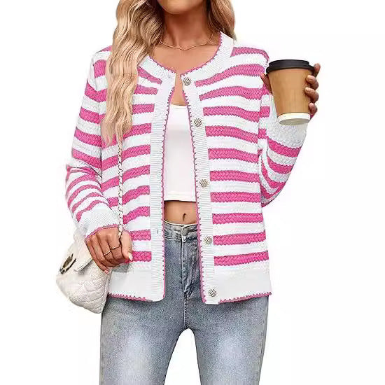 Women's Striped Sweater Button Knit