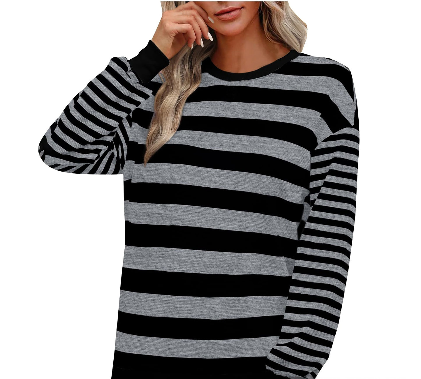 Striped Round Neck Contrast Color Loose Long Sleeve Sweatershirt Women