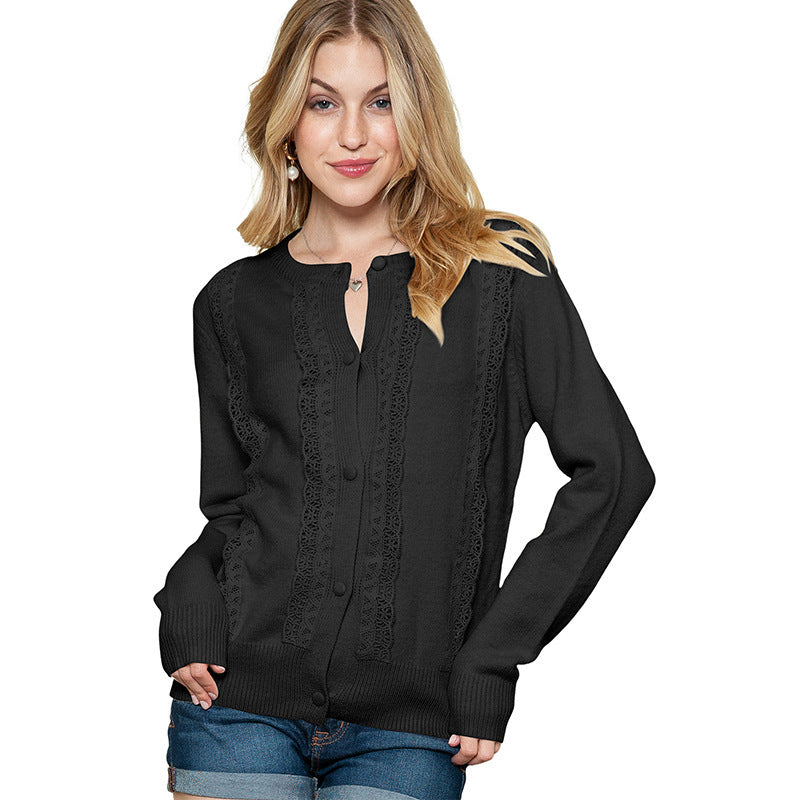 New Commute Style Single-breasted Lace Long-sleeved Sweater For Women