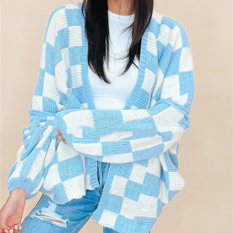 Fashion Plaid Women's Coat Sweater Stitching
