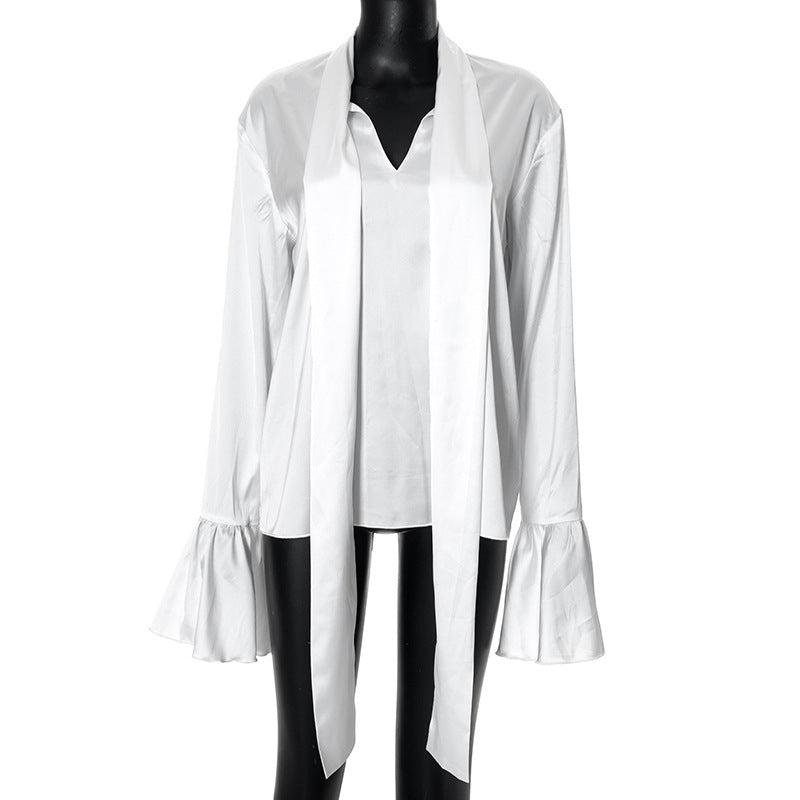 Solid Color Flared Long Sleeve V-neck Lace-up Micro Transparent Elegant Shirt