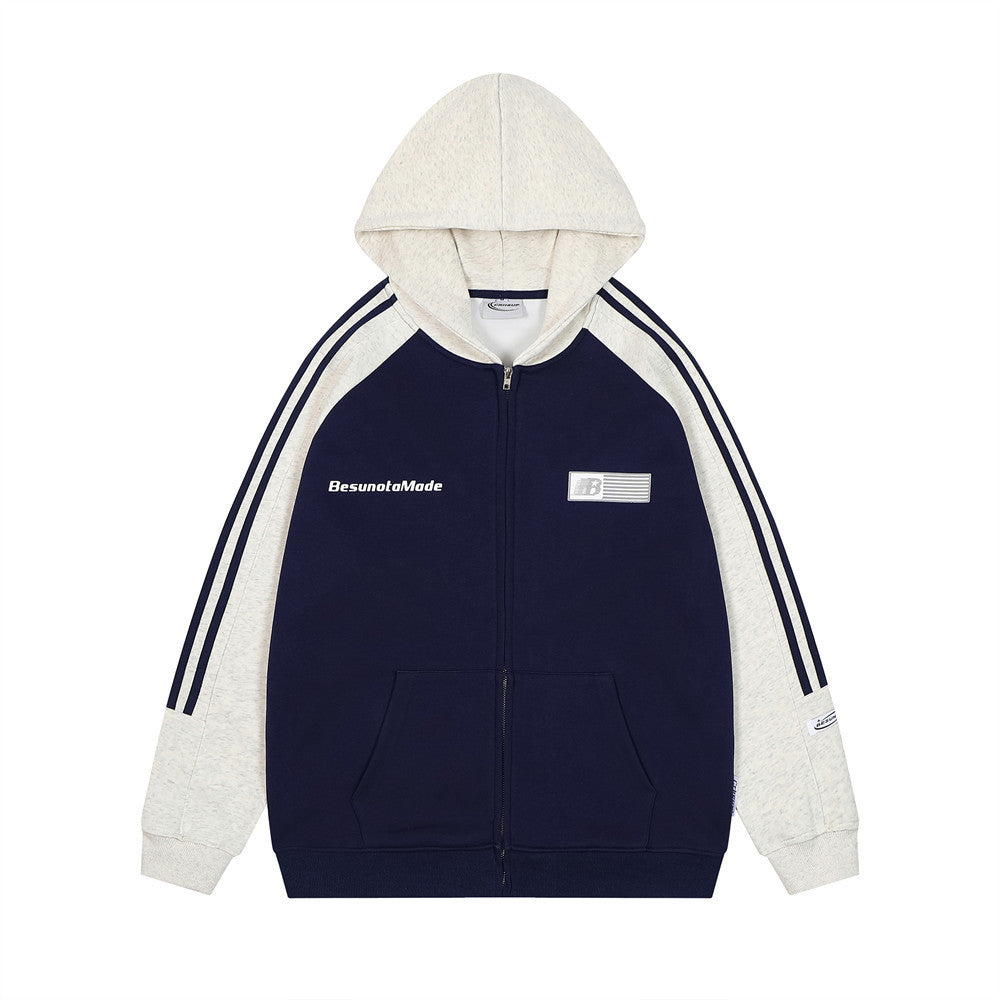 Patchwork Contrast Color Raglan Hooded Sweater Street Fashion American Retro Men