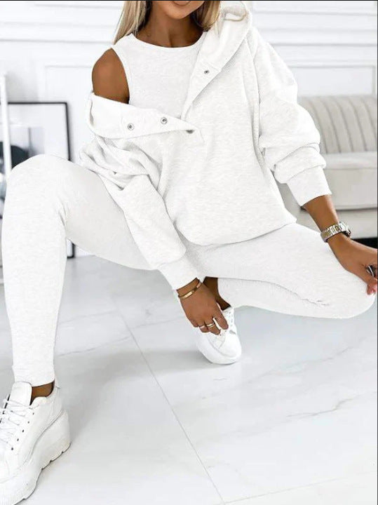 Women's Solid Color Vest Hoodie And Pants Set