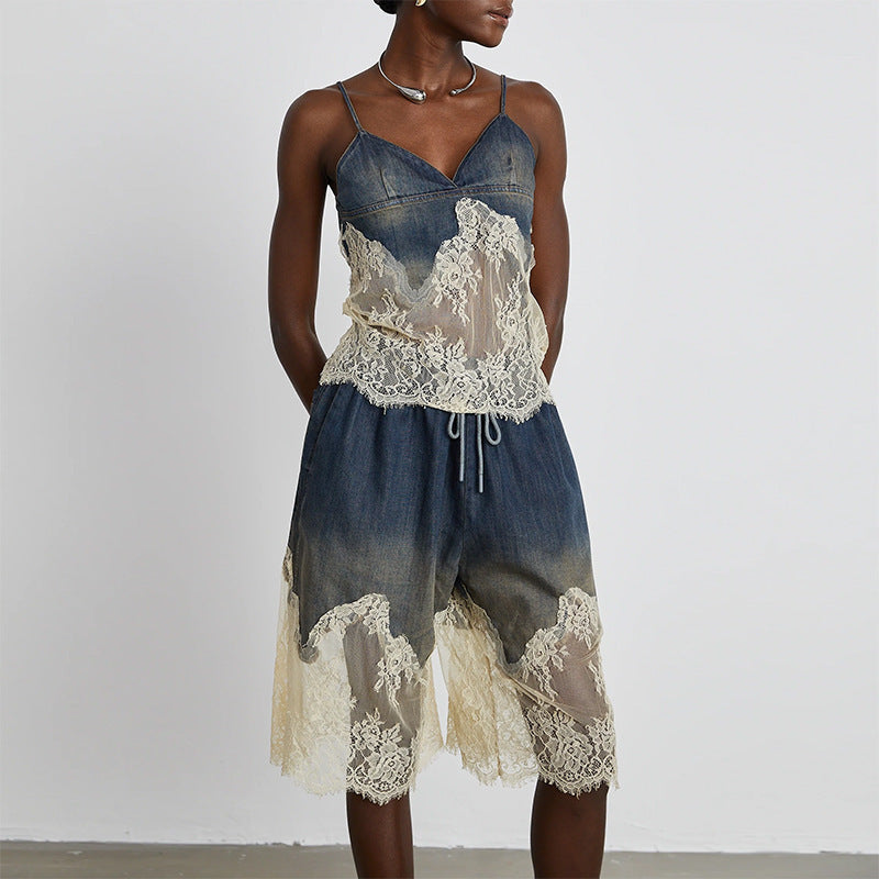 Lace Two-piece Simple Style Top Casual Denim Shorts Fashion Thin