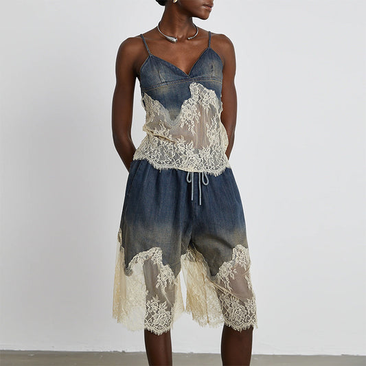 Lace Two-piece Simple Style Top Casual Denim Shorts Fashion Thin