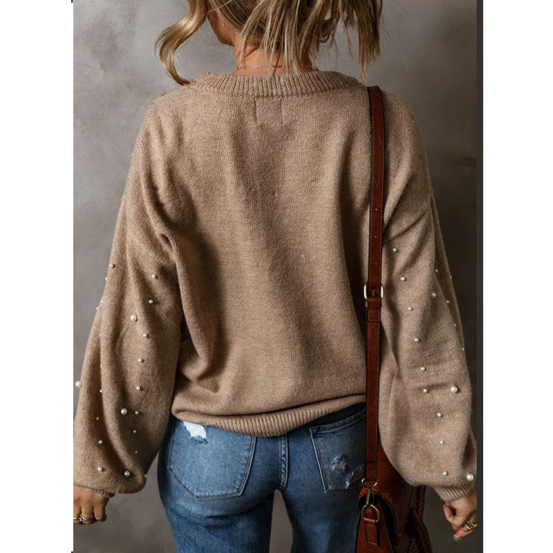 Women's Loose Beaded Round Neck Pullover Long Sleeve Sweater