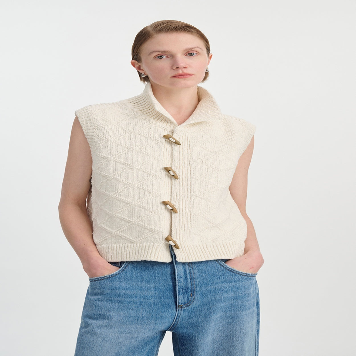 Vintage Cotton Texture Diamond Lattice Woven Cardigan Vest