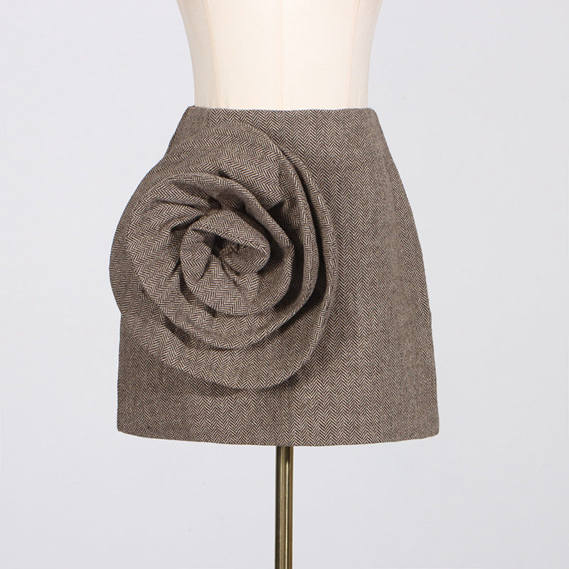 Elegant Style High Waist A- Line Skirt Fashionable Three-dimensional Flower Stitching Design Short Skirt