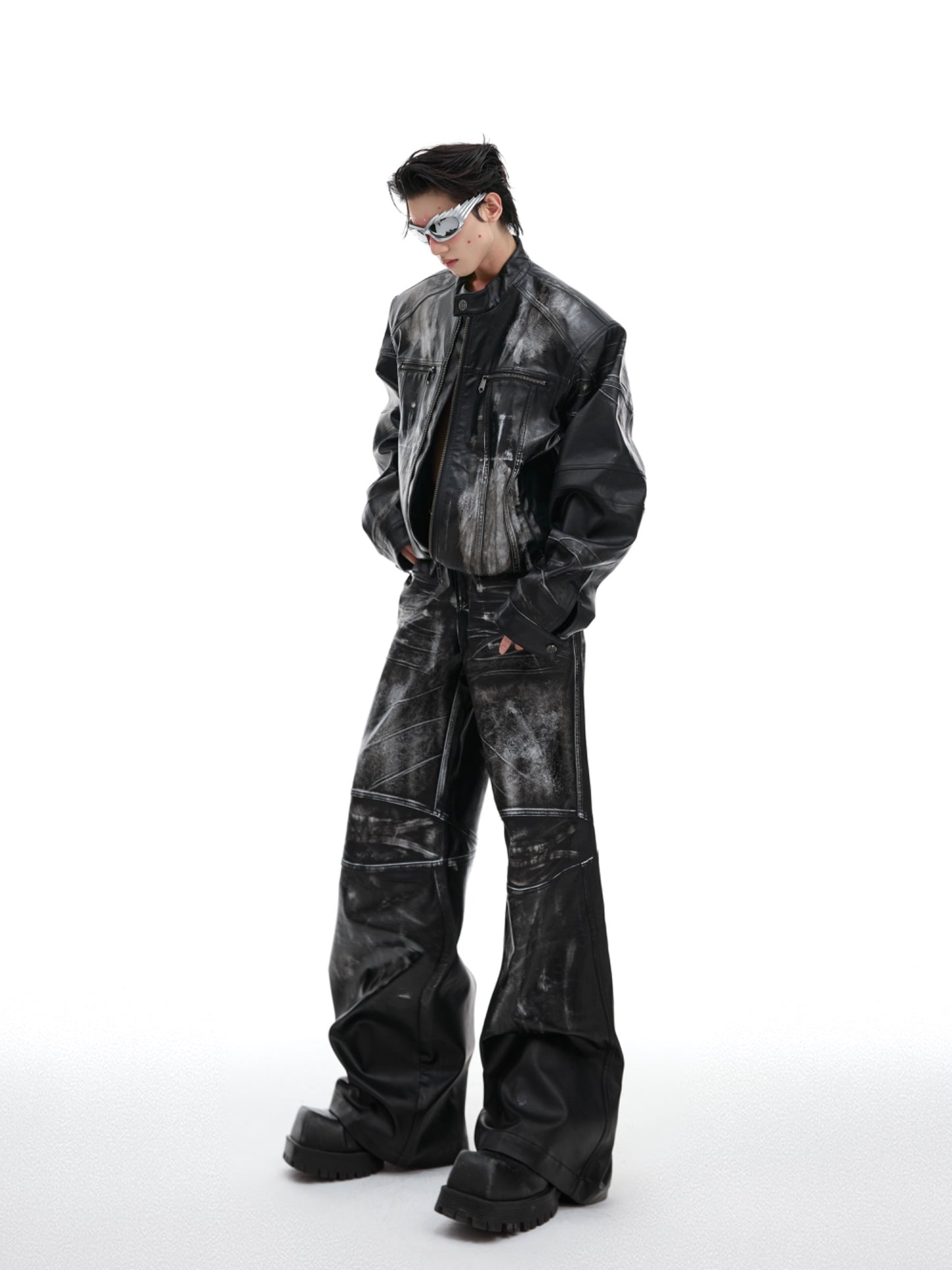 Vintage Distressed Profile Stand-up Collar Jacket