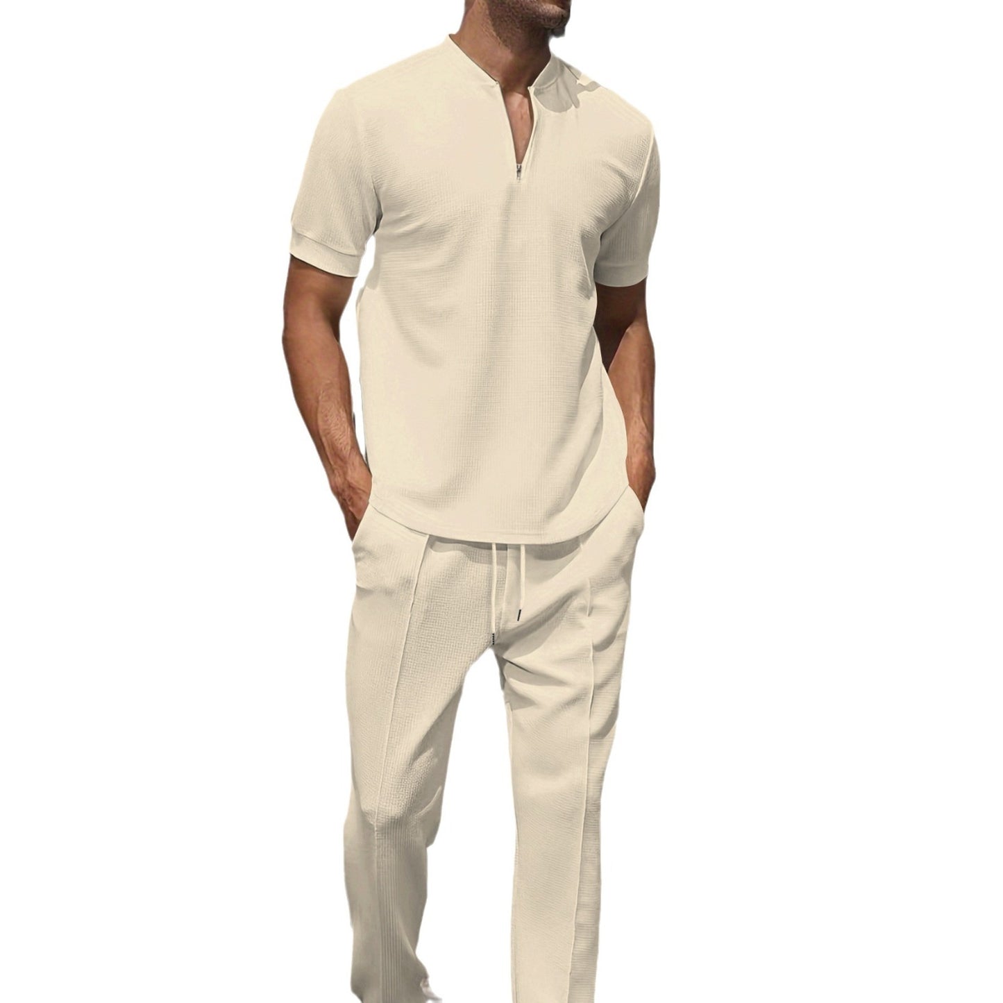 Male Waffle Collar Solid Color Zipper Short Sleeved Pants Set