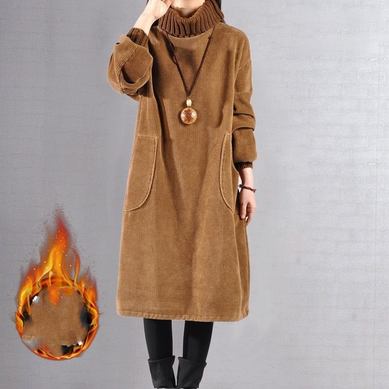 Pocket Turtleneck Corduroy Fleece-lined Thick Corduroy Dress