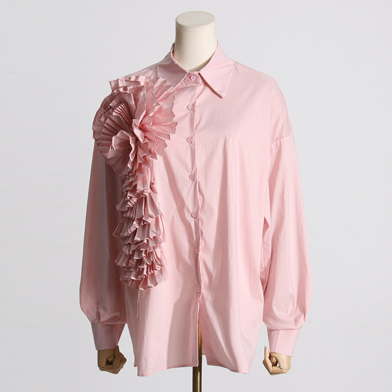 Design Sense Stitching Ruffle Three-dimensional Flower Casual Shirt
