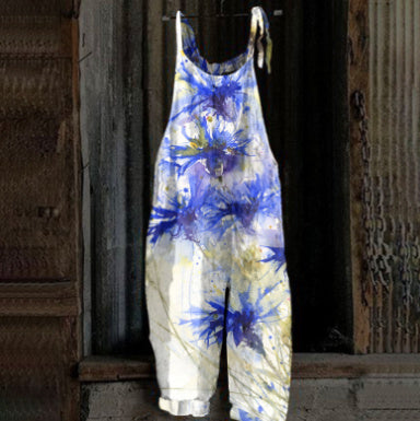 Women's Printed Street Hipster Fashion Multi-color Cotton And Linen Suspender Jumpsuit
