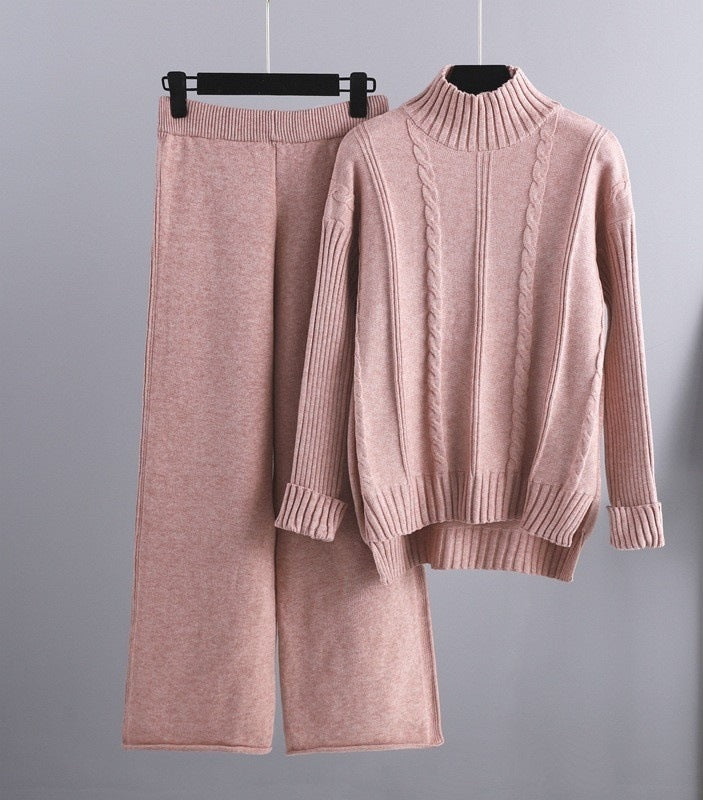 High-end Mock Neck Sweater Wide-leg Pants Suit Women