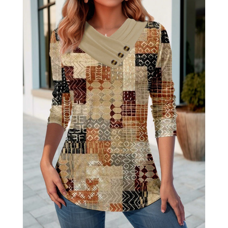 New Women's Clothing Cross-border Foreign Trade Casual 3D Printing V-neck Long Sleeve Top