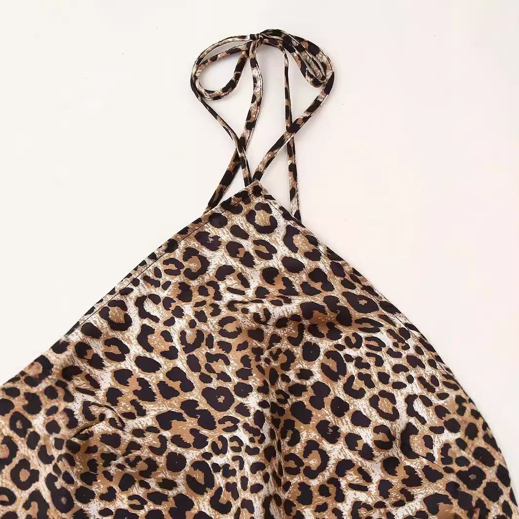 Women's Leopard Print Halter Silk Satin Dress