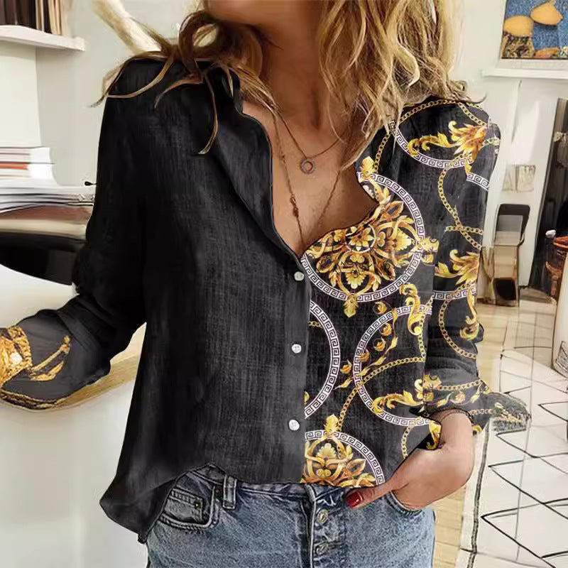 Fashion Shirt Printing Lapel Long Sleeve Women