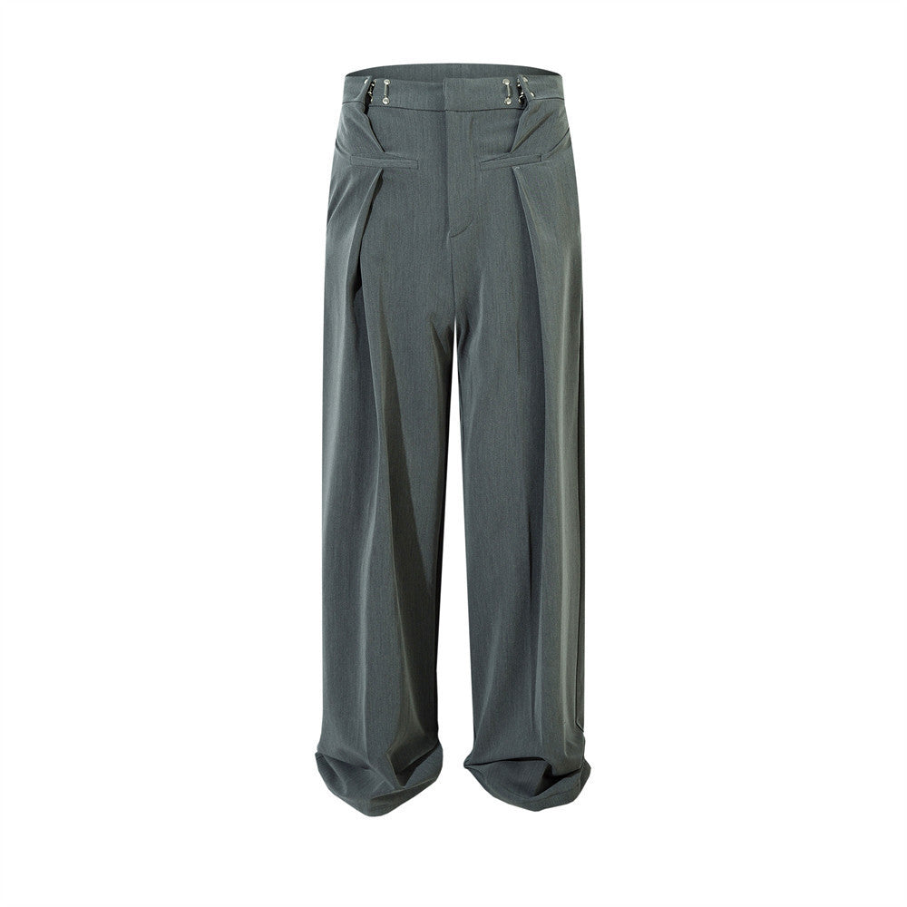 Men's American High Street Fashionable Metal Buckle Design Sense Wide-leg Draggle-tail Trousers
