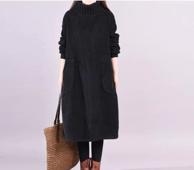 Pocket Turtleneck Corduroy Fleece-lined Thick Corduroy Dress