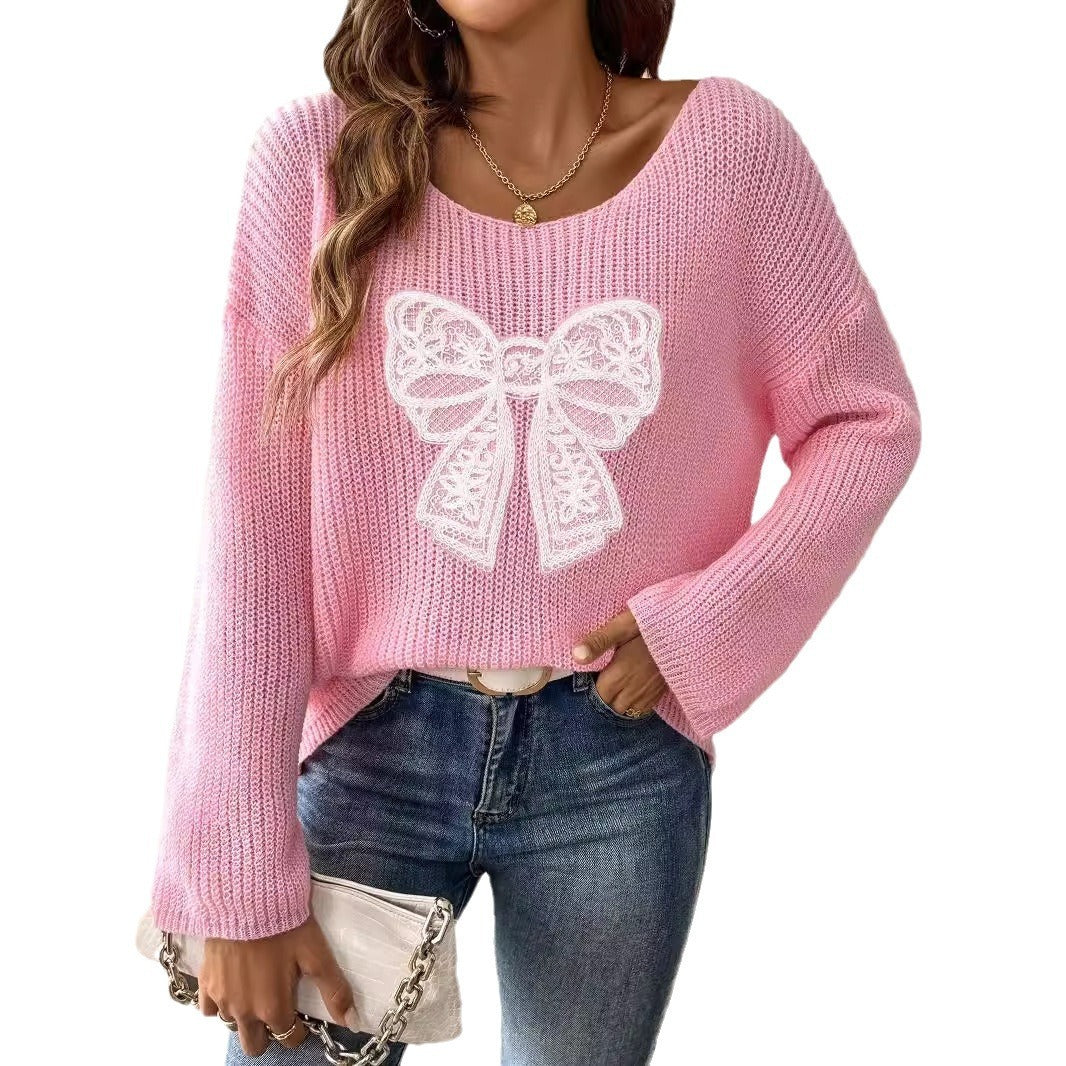 Bow Embroidery Patch Women's Pullover