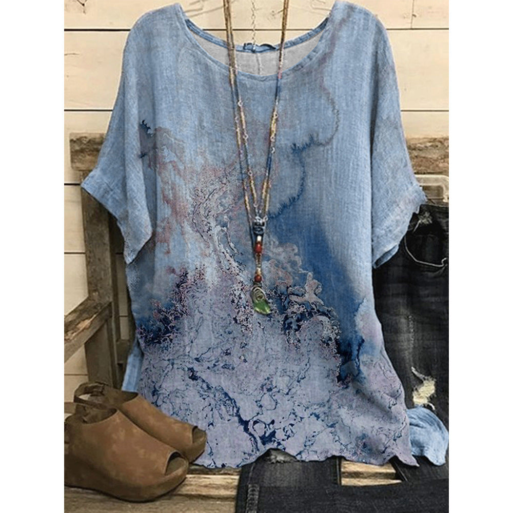 Loose Casual Print Round Neck T-shirt For Women