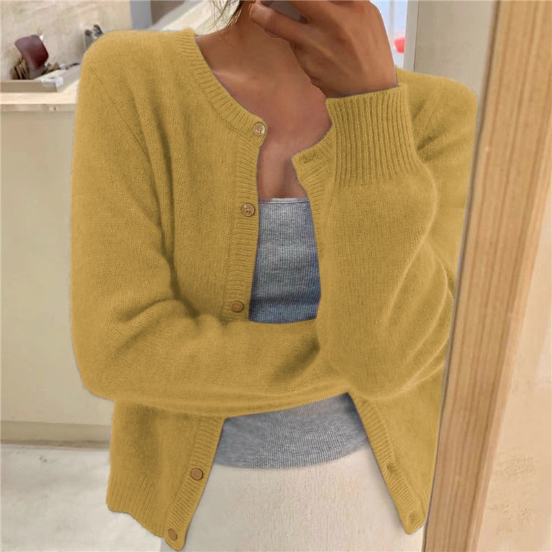 Women's Round Neck Solid Color Knitted Cardigan