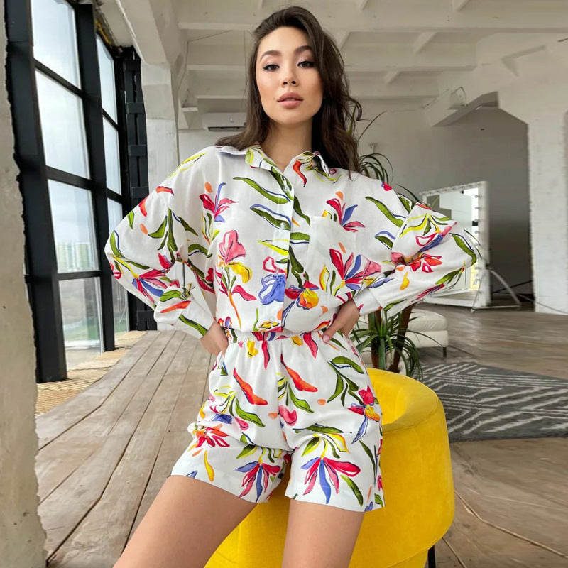 European And American Suit Women's Printed Long-sleeved Shirt Shorts Ladies