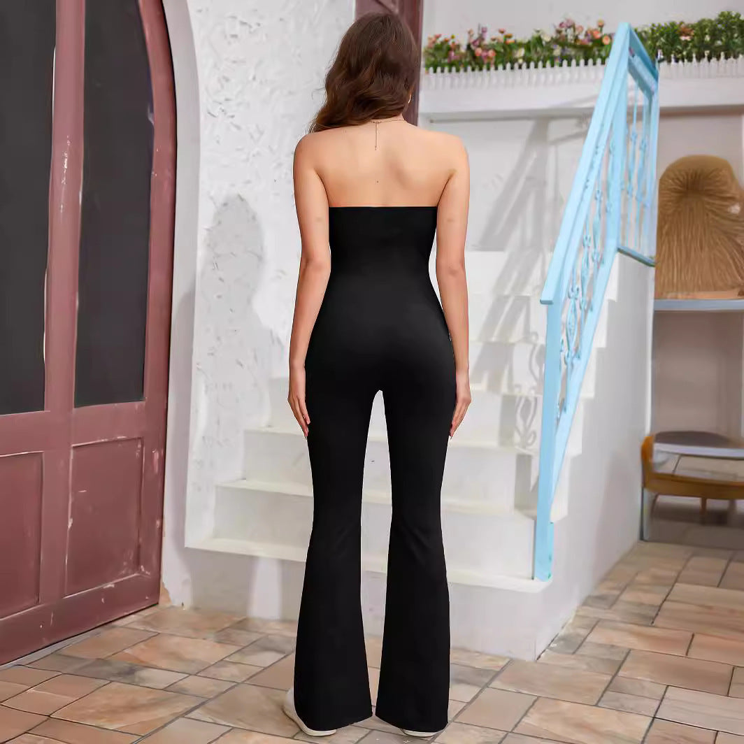 Solid Color Strapless Tube Top Flared Fit One-piece Trousers