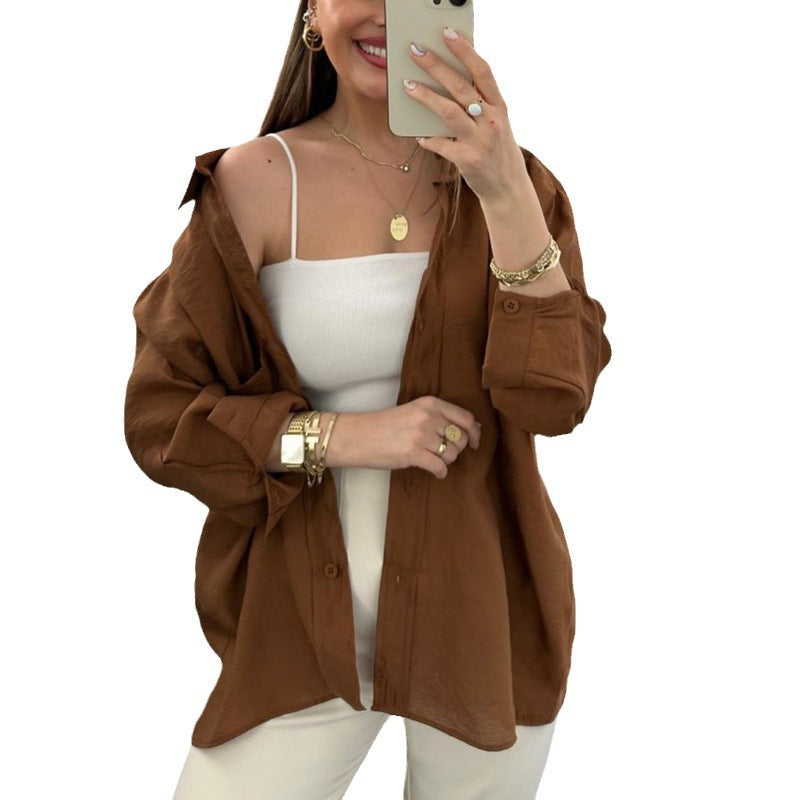 Spring And Autumn Fashion Shirt Women's Loose Hanging Shoulder Single-breasted Cardigan Long Sleeve Shirt