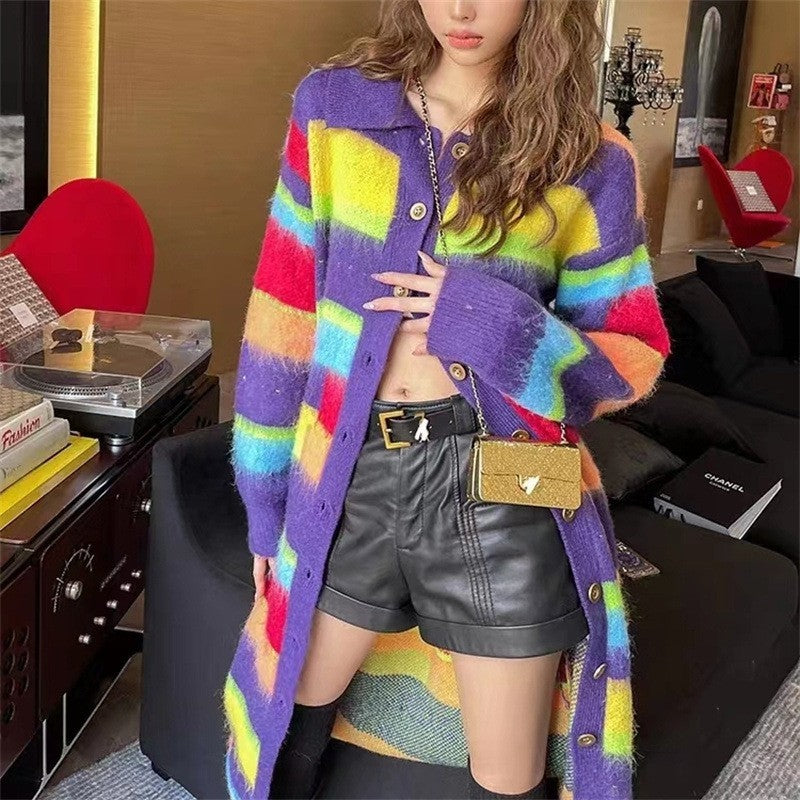 Fashion Slimming Candy Color Coat Retro Lazy Style Rainbow Striped Cardigan Sweater