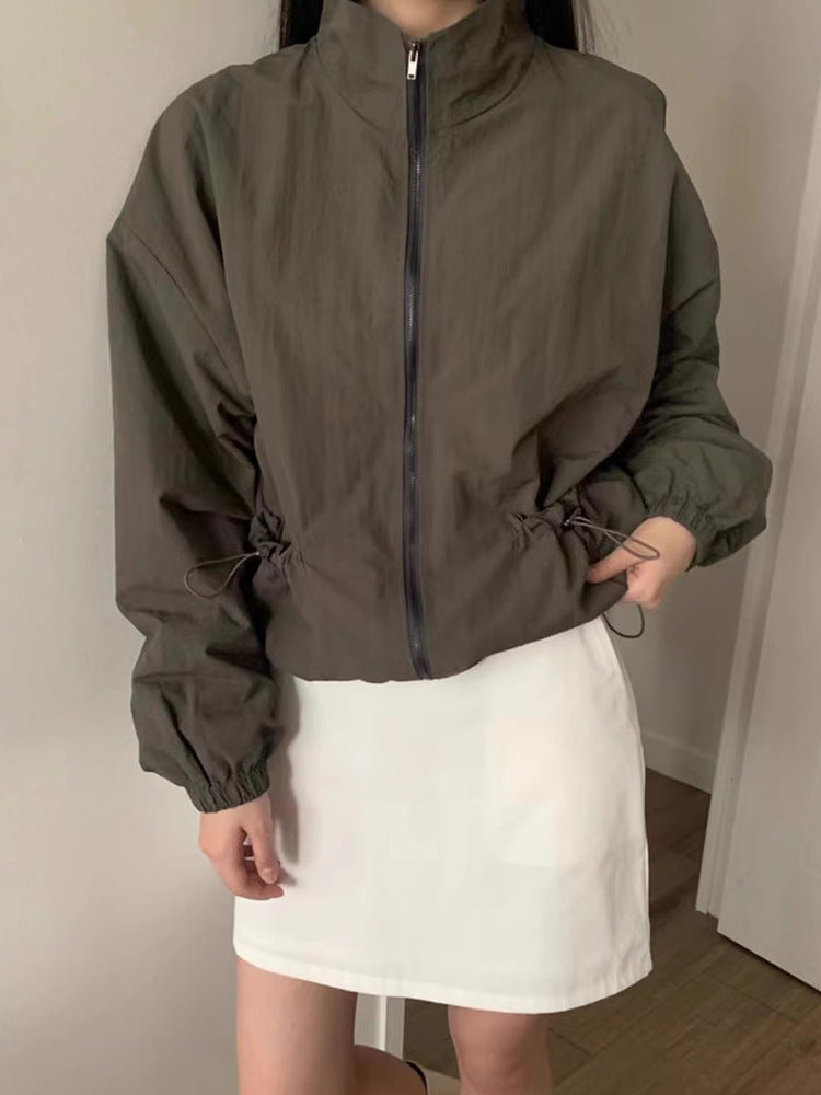 Leisure Cargo Style Drawstring Pocket Zipper Coat For Women