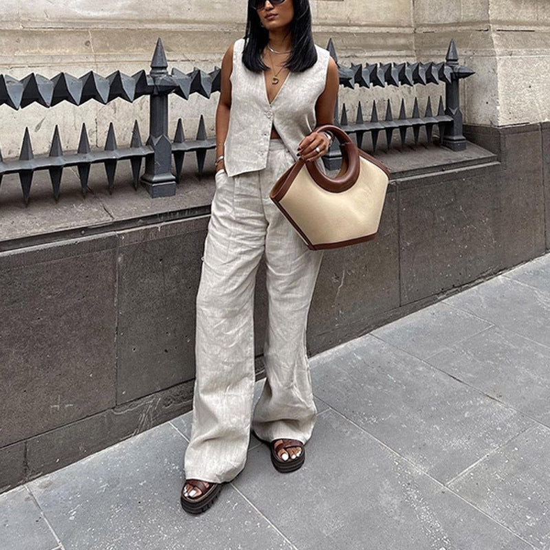 European And American Women's Cotton And Linen Sleeveless Vest Waistcoat Trousers Two-piece Set