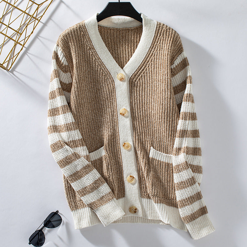 Women's Striped Sweater Loose Button Sweater