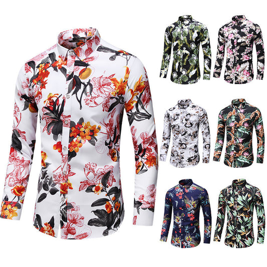 Men's Printed Long Sleeve Shirt Fashion Polo Collar