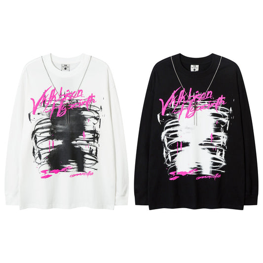 Metal Necklace Strip Long Sleeve T-shirt Men's Abstract Graffiti