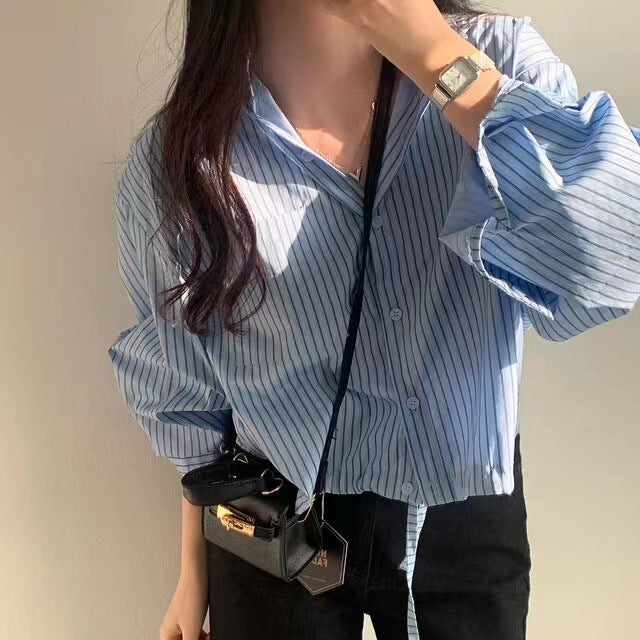 Striped Lapel Drawstring Long-sleeved Shirt Women's Loose Short