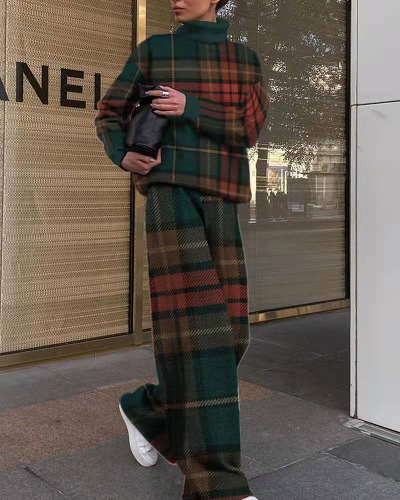 Women's Fashion Printed Loose High Collar Long-sleeved Two-piece Suit
