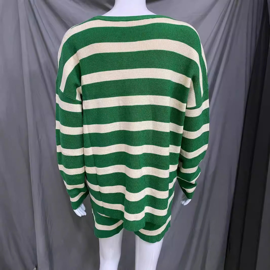 Women's Knitted Color Matching Suit Striped Long Sleeve