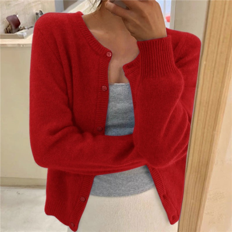 Women's Round Neck Solid Color Knitted Cardigan