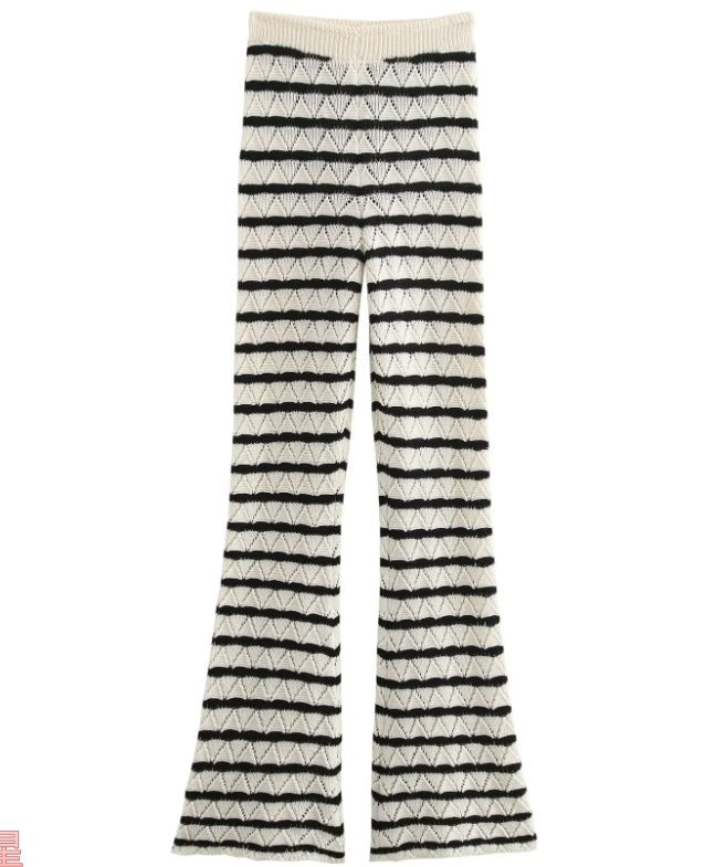 Women's Striped Knitted L Long Sleeve Bell-bottom Pants Suit