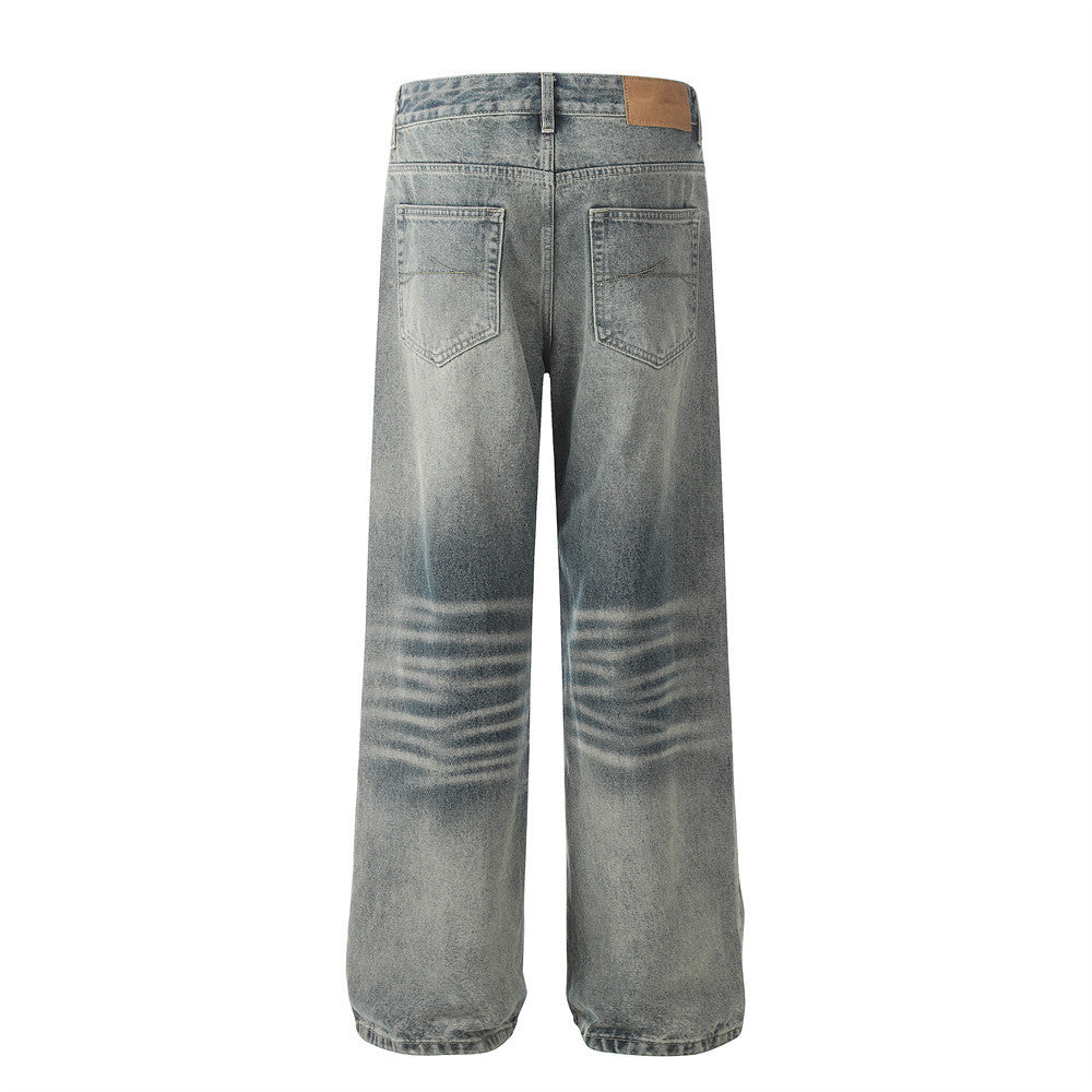 Men's American Style Trend Loose Straight Retro Light Blue Wide-leg Pants