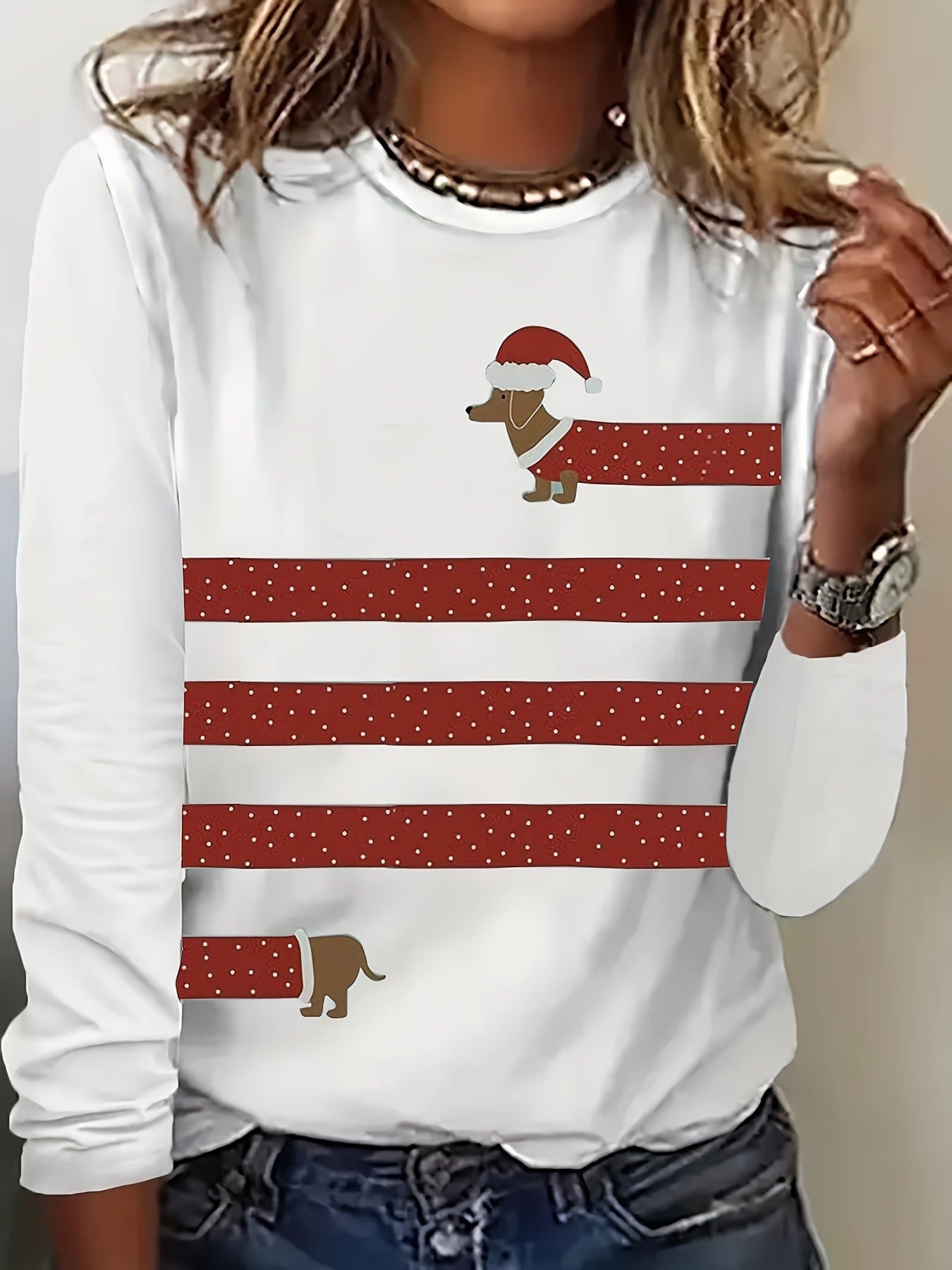 Dog And Striped Printed Round Neck T-shirt Spring And Autumn Casual Long Sleeve Top Women's Clothing