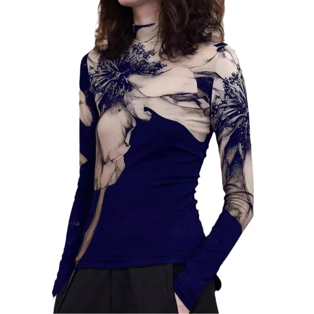 Women's Turtleneck Long Sleeve Digital Printed T-shirt