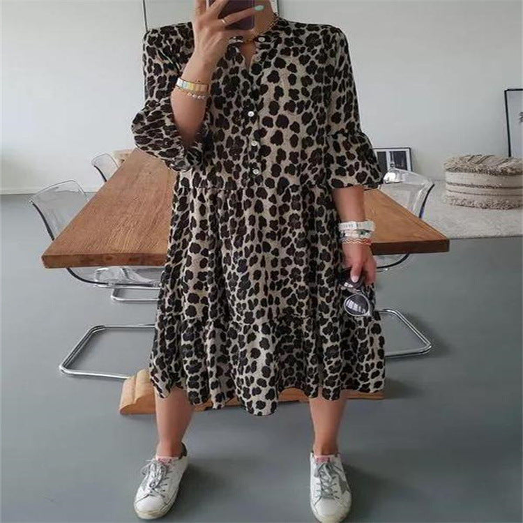 Pullover Slimming Printed Midi Skirt Leopard Print Mid-waist Dress