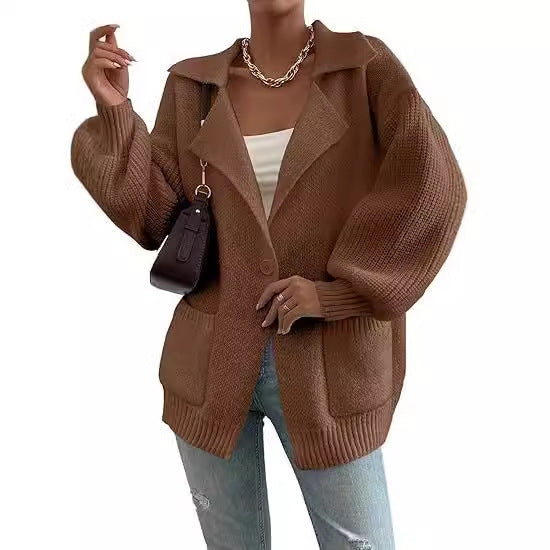 Women's Lapel Sweater Coat V-neck Buttons