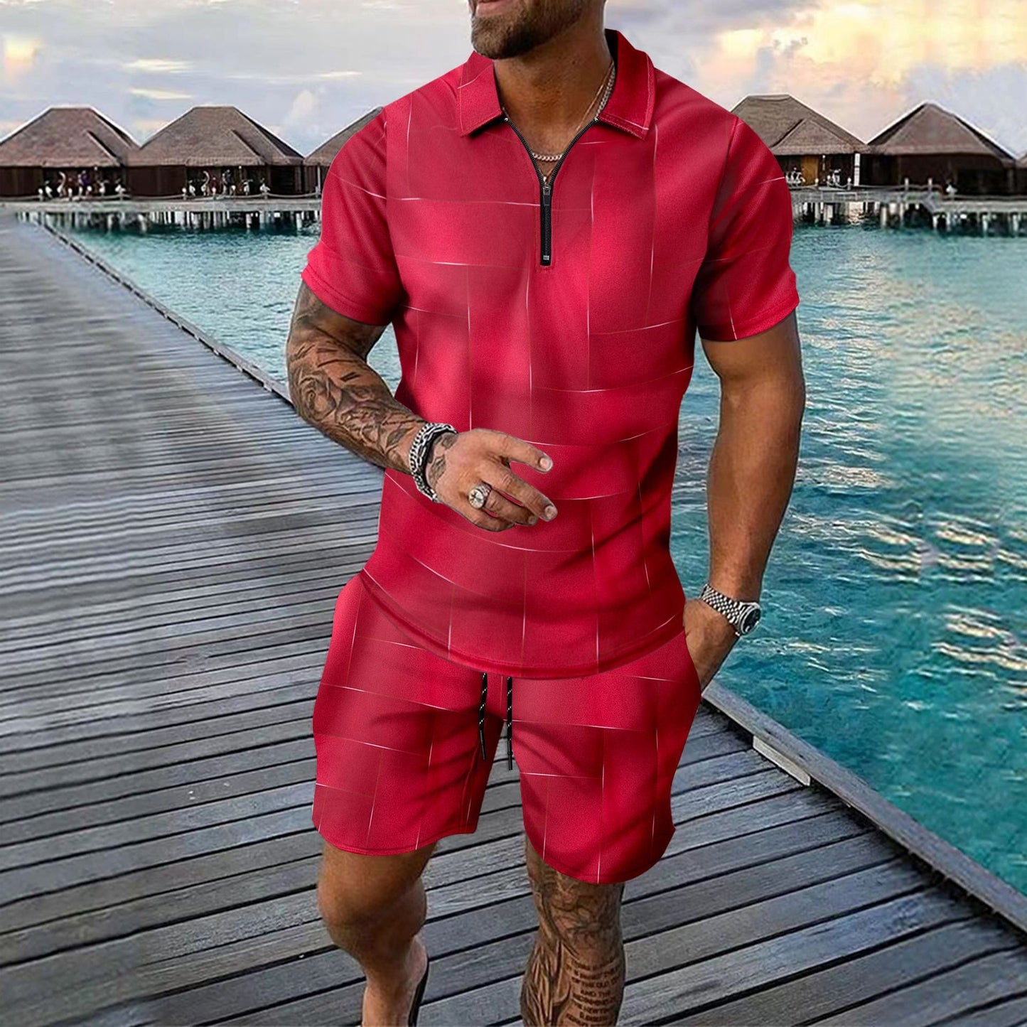 Digital Printing Zipper Short Sleeve Men