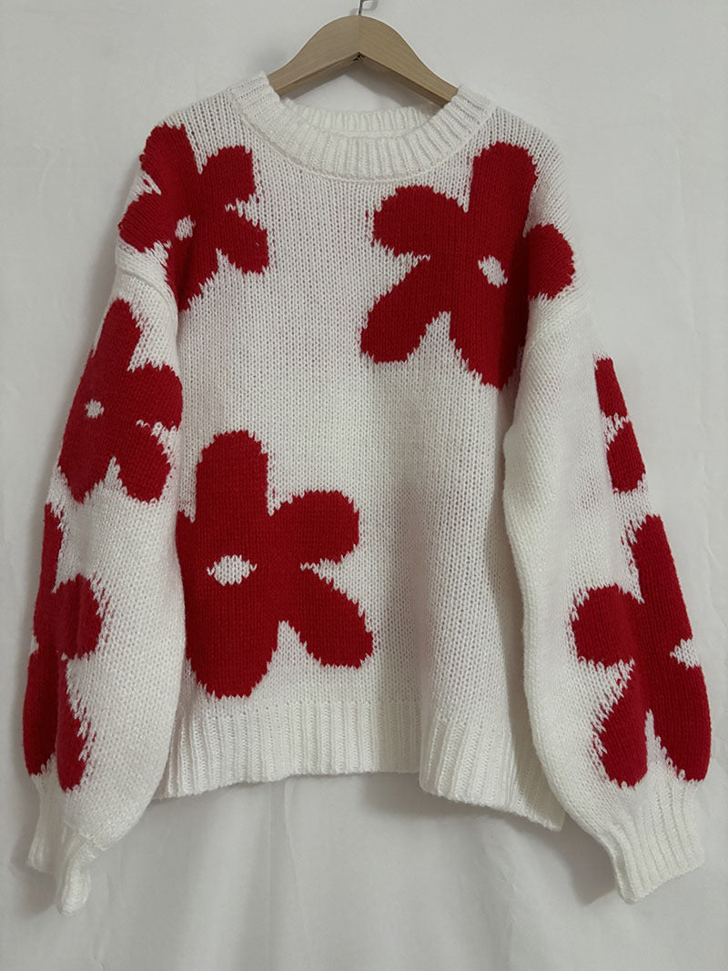 New Pullover Knitted Sweater Fashion Round Neck Flower Sweater