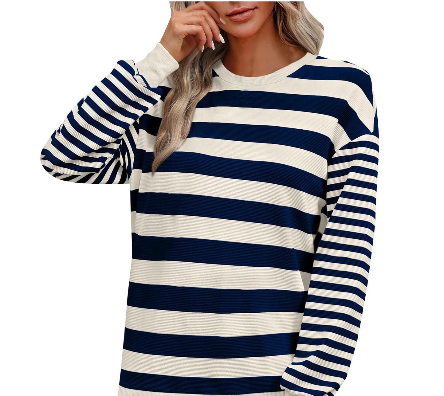 Striped Round Neck Contrast Color Loose Long Sleeve Sweatershirt Women